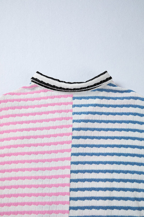 Relaxed Fit Patchwork Stripe Half Zip Pullover Top