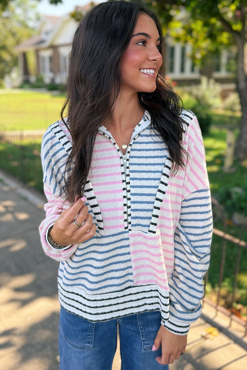 Relaxed Fit Patchwork Stripe Half Zip Pullover Top
