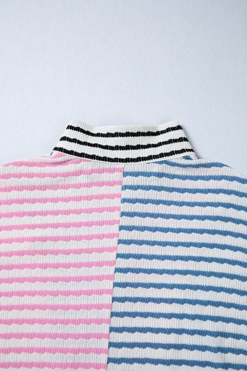 Relaxed Fit Patchwork Stripe Half Zip Pullover Top