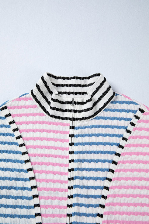 Relaxed Fit Patchwork Stripe Half Zip Pullover Top