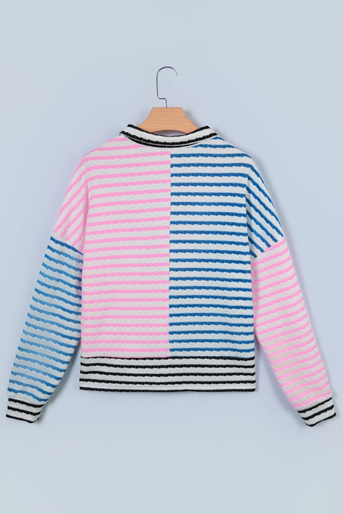 Relaxed Fit Patchwork Stripe Half Zip Pullover Top
