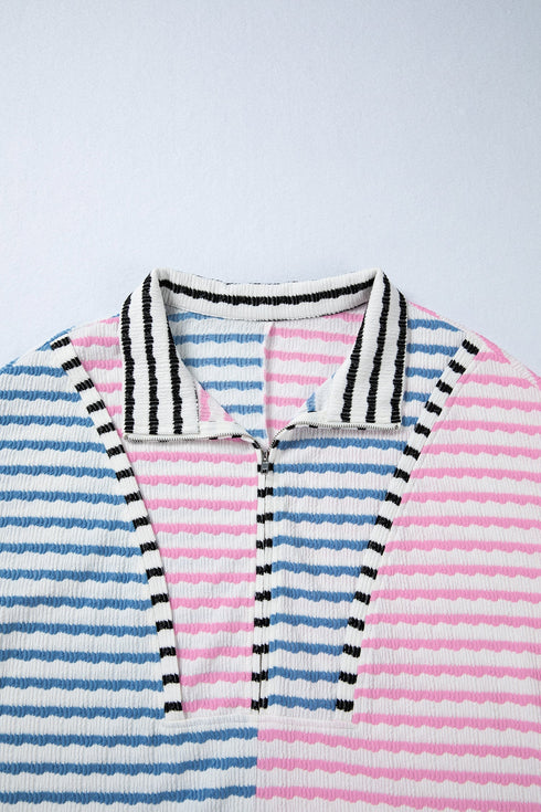 Relaxed Fit Patchwork Stripe Half Zip Pullover Top