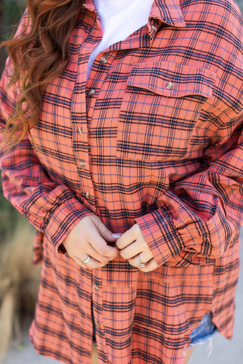 Relaxed Fit Plaid Button Front Boyfriend Shirt