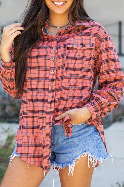 Relaxed Fit Plaid Button Front Boyfriend Shirt