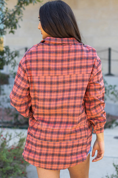 Relaxed Fit Plaid Button Front Boyfriend Shirt