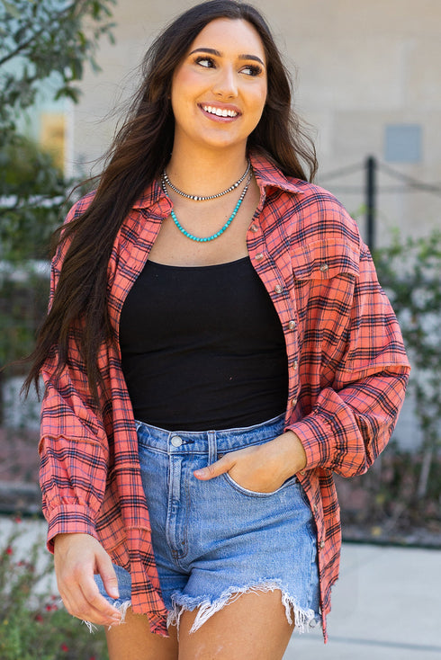 Relaxed Fit Plaid Button Front Boyfriend Shirt