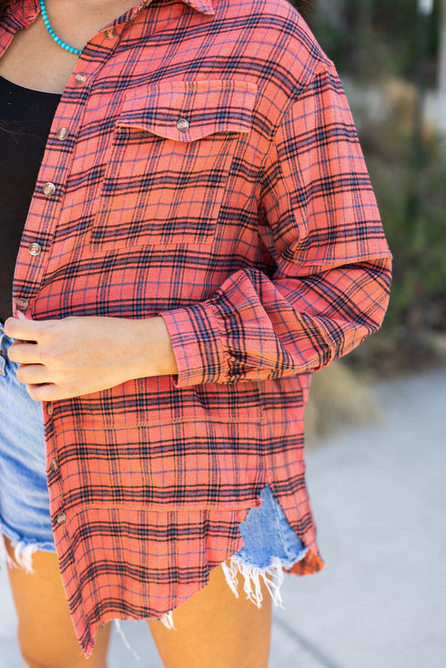 Relaxed Fit Plaid Button Front Boyfriend Shirt