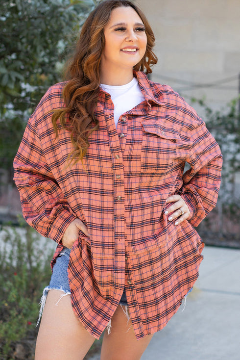 Relaxed Fit Plaid Button Front Boyfriend Shirt