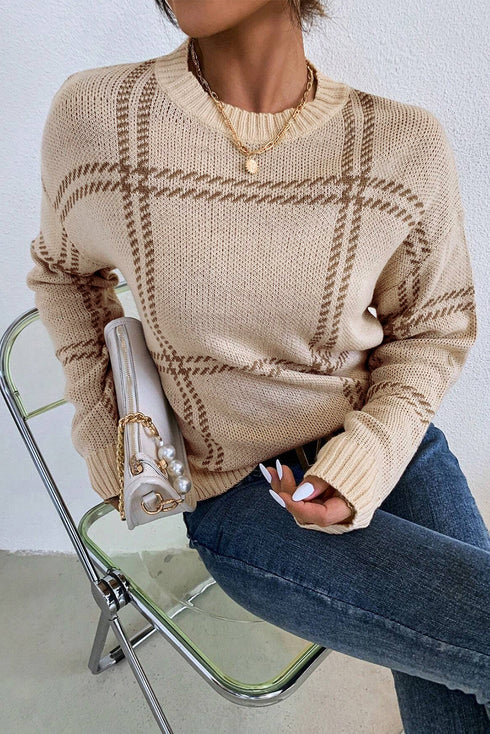 Relaxed Fit Plaid Pattern Crew Neck Pullover Sweater