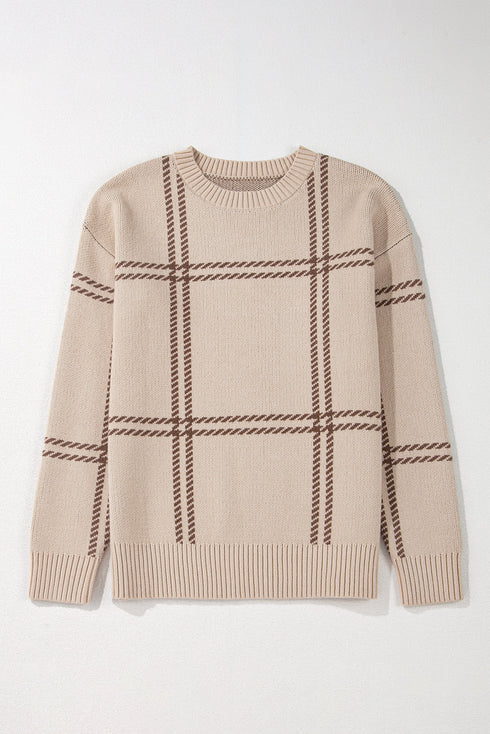 Relaxed Fit Plaid Pattern Crew Neck Pullover Sweater