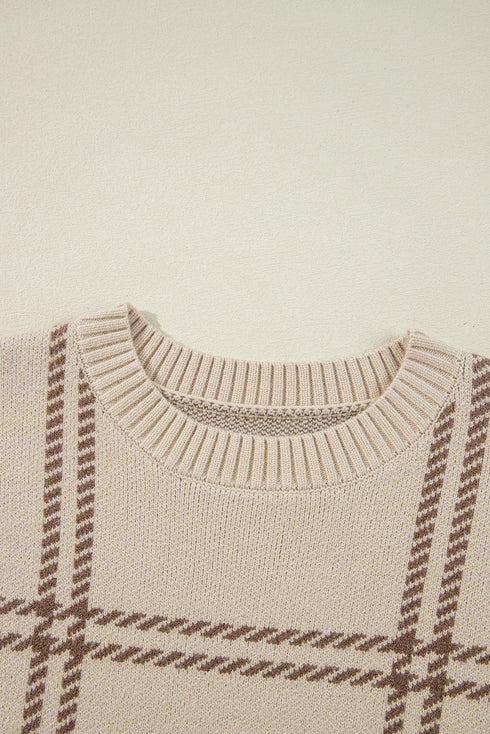 Relaxed Fit Plaid Pattern Crew Neck Pullover Sweater
