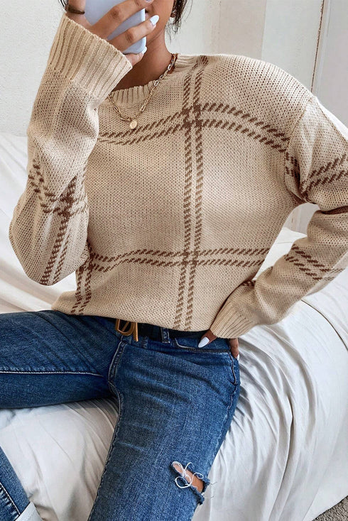 Relaxed Fit Plaid Pattern Crew Neck Pullover Sweater