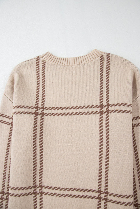 Relaxed Fit Plaid Pattern Crew Neck Pullover Sweater