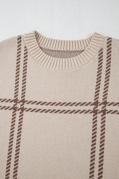 Relaxed Fit Plaid Pattern Crew Neck Pullover Sweater