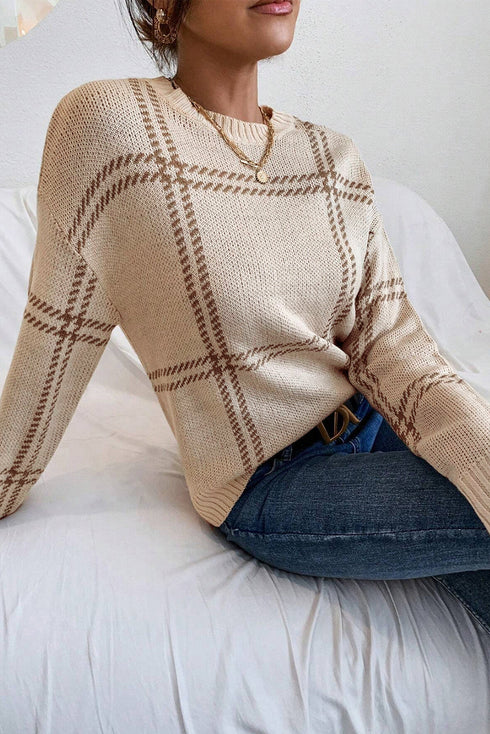Relaxed Fit Plaid Pattern Crew Neck Pullover Sweater