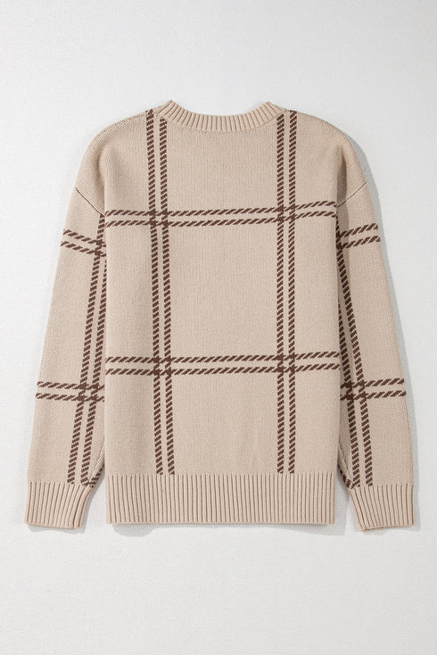 Relaxed Fit Plaid Pattern Crew Neck Pullover Sweater