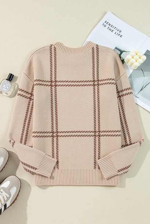 Relaxed Fit Plaid Pattern Crew Neck Pullover Sweater