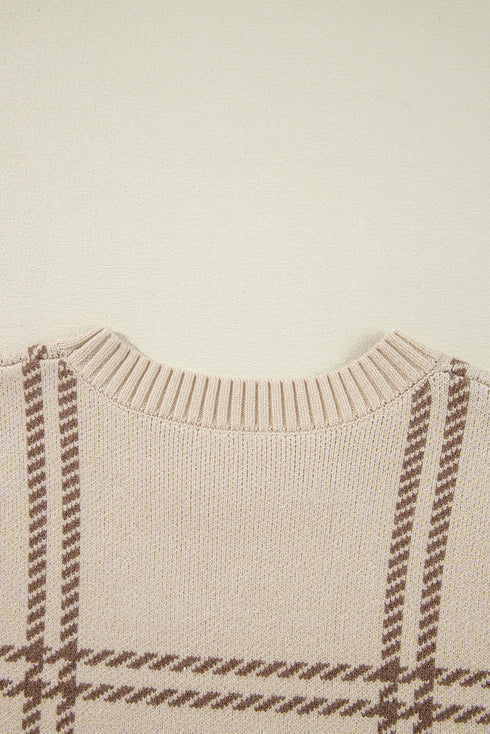 Relaxed Fit Plaid Pattern Crew Neck Pullover Sweater
