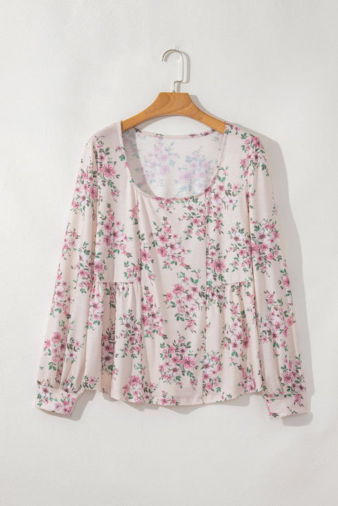 Relaxed Fit Pleated Texture Floral Print Blouse