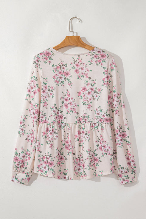 Relaxed Fit Pleated Texture Floral Print Blouse