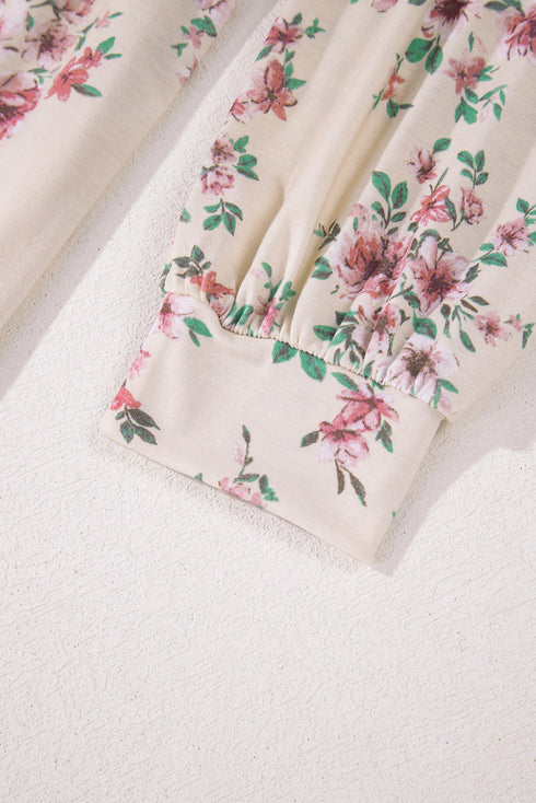 Relaxed Fit Pleated Texture Floral Print Blouse