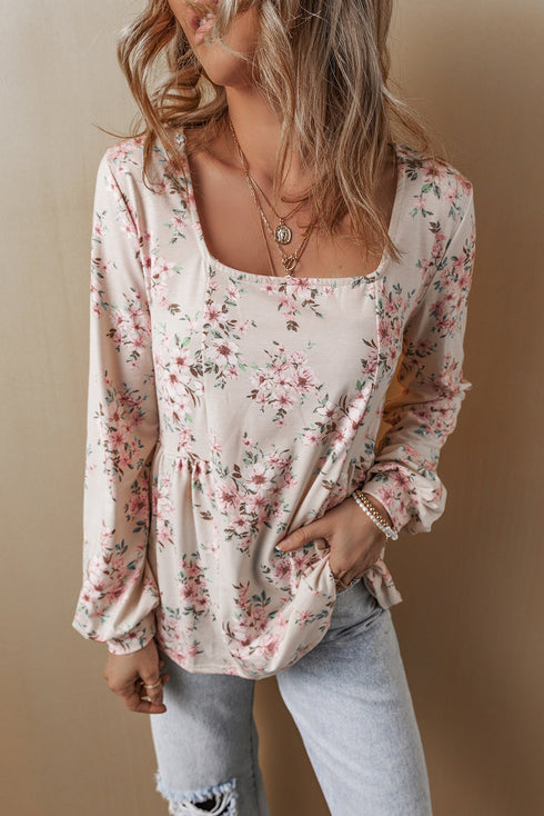 Relaxed Fit Pleated Texture Floral Print Blouse