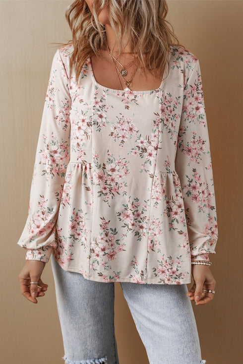 Relaxed Fit Pleated Texture Floral Print Blouse