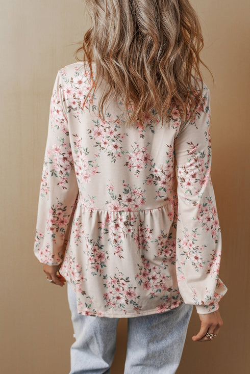 Relaxed Fit Pleated Texture Floral Print Blouse