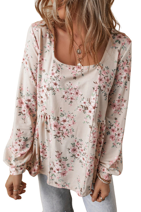 Relaxed Fit Pleated Texture Floral Print Blouse