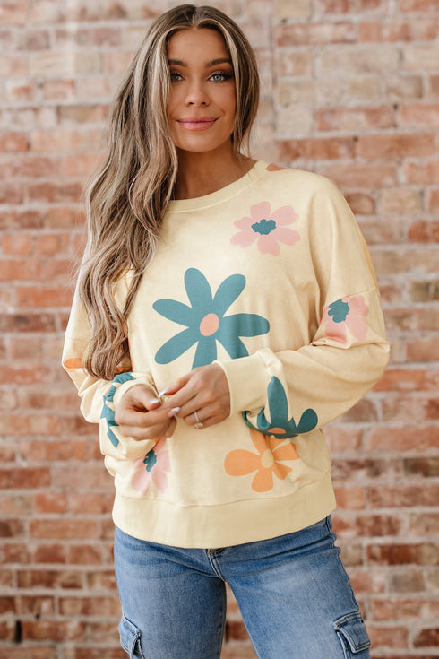 Relaxed Fit Retro Floral Print Pullover Sweatshirt