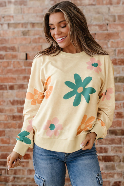 Relaxed Fit Retro Floral Print Pullover Sweatshirt