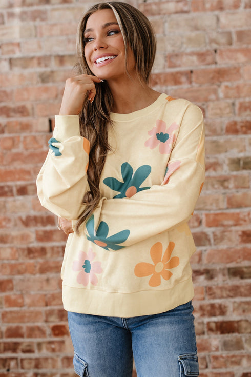 Relaxed Fit Retro Floral Print Pullover Sweatshirt