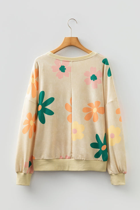 Relaxed Fit Retro Floral Print Pullover Sweatshirt