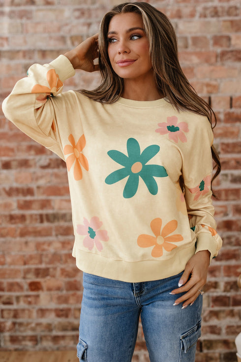 Relaxed Fit Retro Floral Print Pullover Sweatshirt