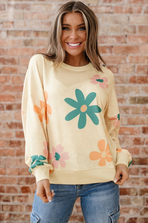 Relaxed Fit Retro Floral Print Pullover Sweatshirt
