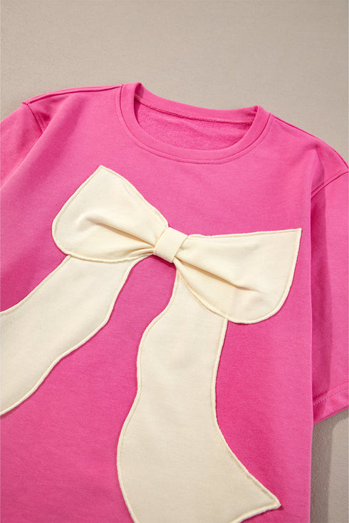 Relaxed Fit Ribbon Bow Patch Detail Split Hem Tee