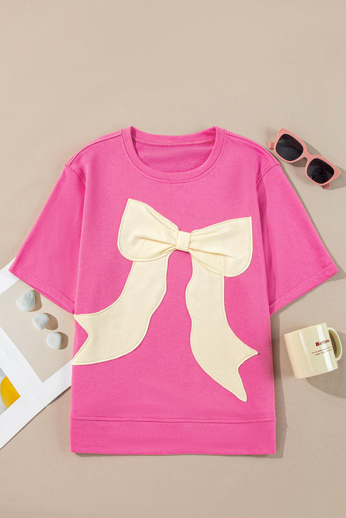 Relaxed Fit Ribbon Bow Patch Detail Split Hem Tee