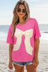 Relaxed Fit Ribbon Bow Patch Detail Split Hem Tee