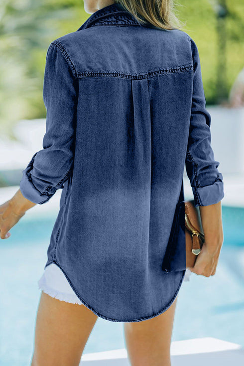 Relaxed Fit Roll Tab Sleeve Button Down Denim Shirt