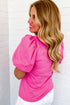 Relaxed Fit Round Neck Bubble Sleeve Cotton Blend Top