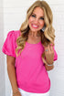 Relaxed Fit Round Neck Bubble Sleeve Cotton Blend Top