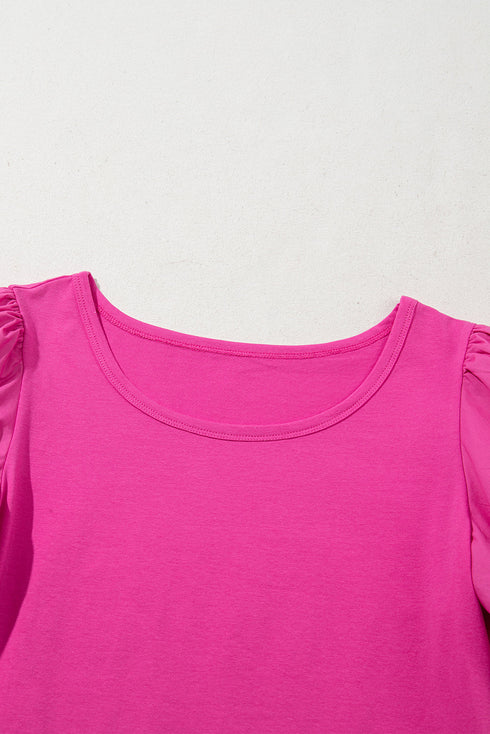 Relaxed Fit Round Neck Bubble Sleeve Cotton Blend Top