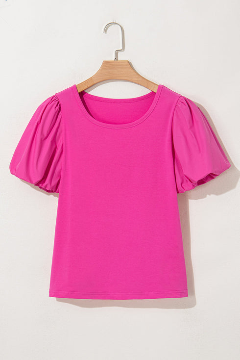 Relaxed Fit Round Neck Bubble Sleeve Cotton Blend Top