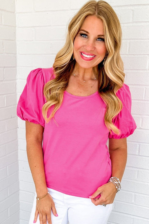 Relaxed Fit Round Neck Bubble Sleeve Cotton Blend Top