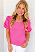 Relaxed Fit Round Neck Bubble Sleeve Cotton Blend Top