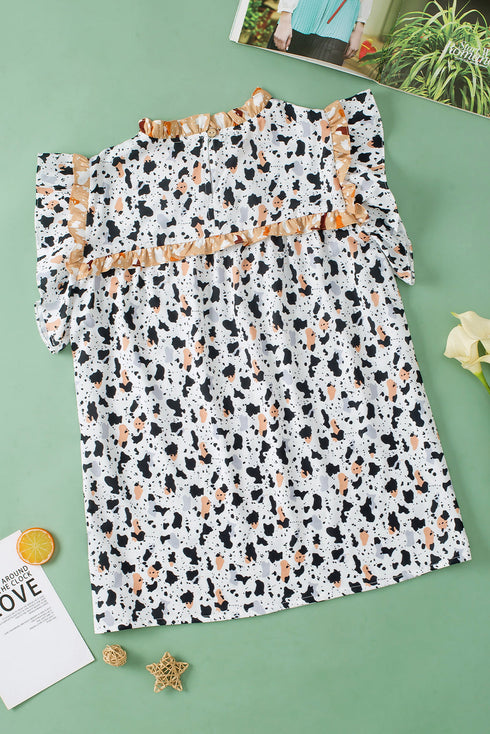 Relaxed Fit Ruffle Detail Animal Print Blouse
