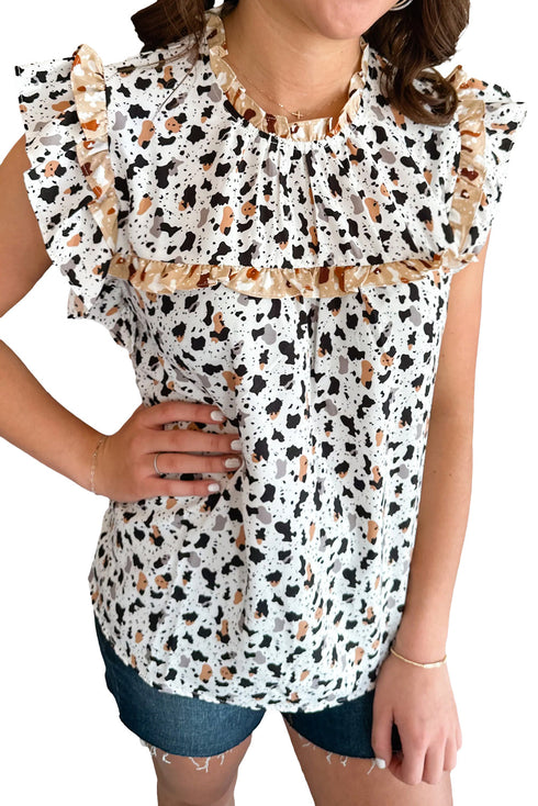 Relaxed Fit Ruffle Detail Animal Print Blouse