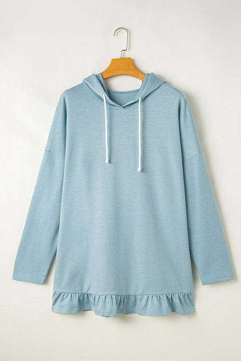 Relaxed Fit Ruffled Hem Drawstring Tunic Hoodie