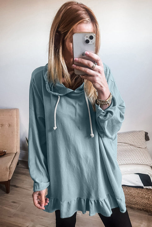 Relaxed Fit Ruffled Hem Drawstring Tunic Hoodie