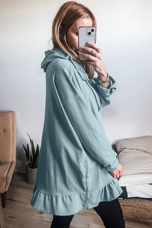 Relaxed Fit Ruffled Hem Drawstring Tunic Hoodie